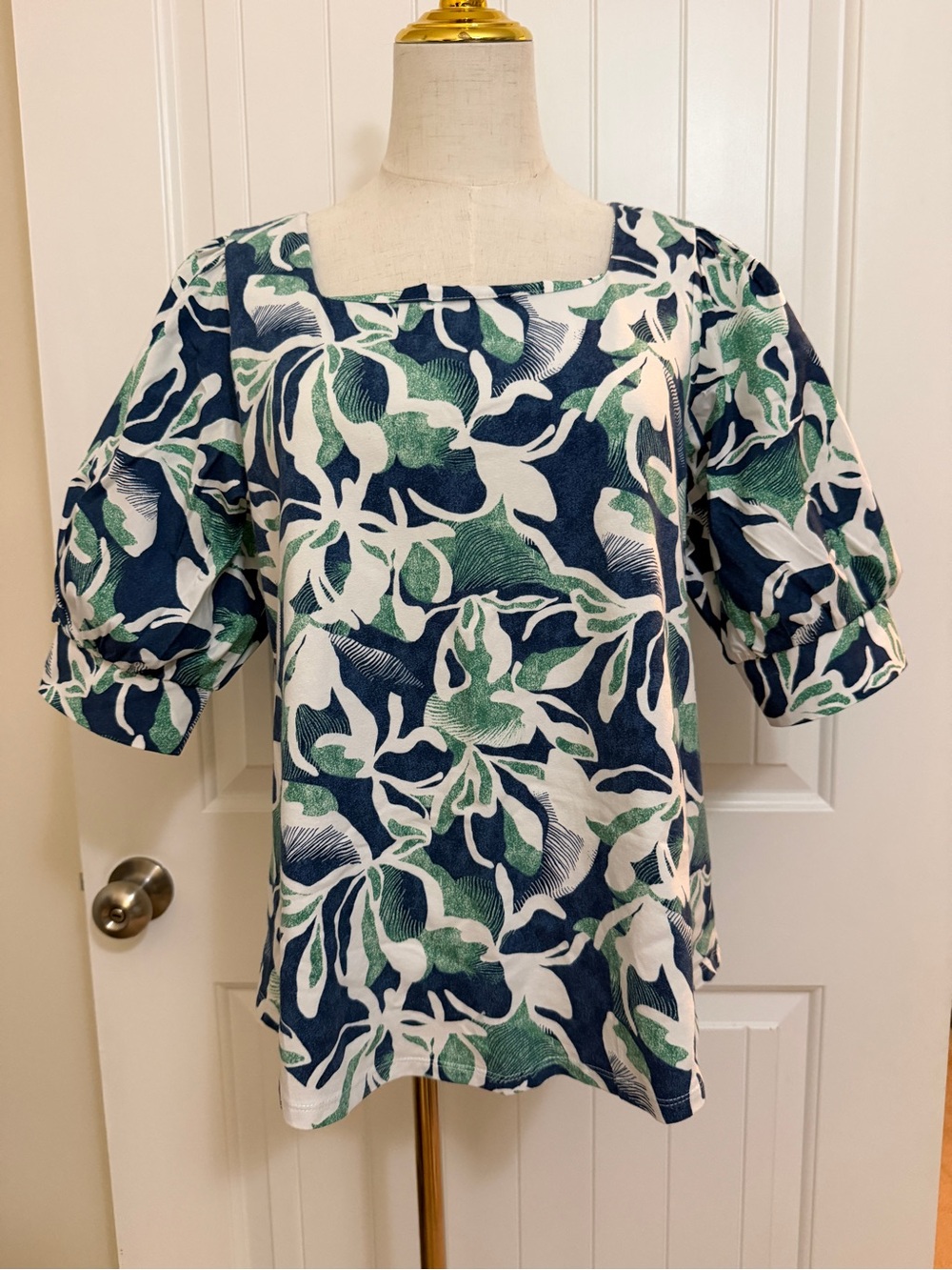 Chico's Navy & Green Floral Square-Neck Puff Sleeve Blouse Sz 2R (12R)